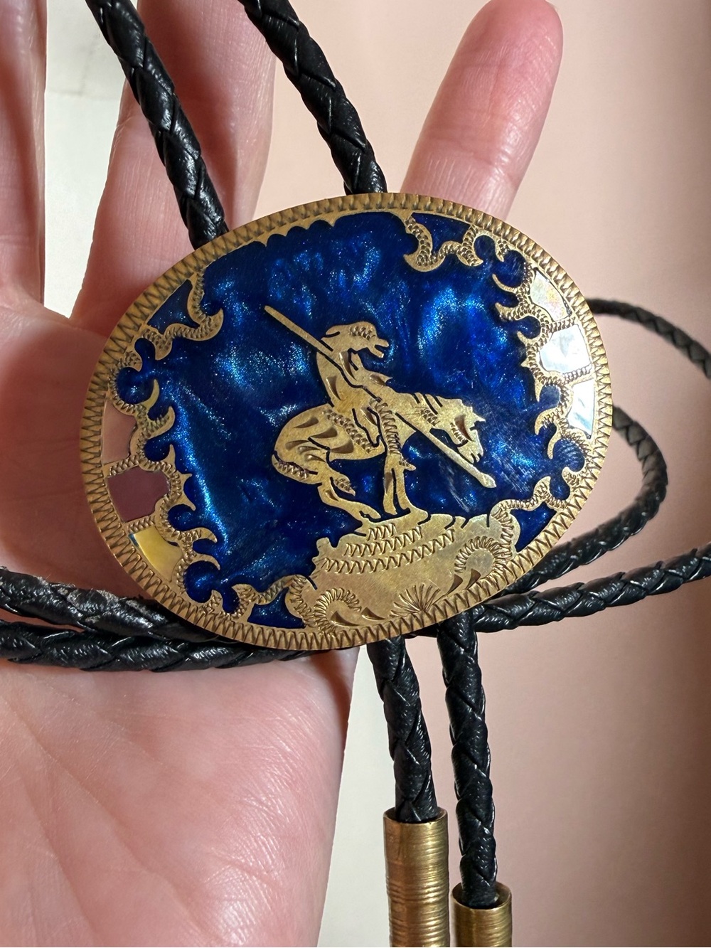 Vintage Johnson & Held Nickel silver Blue resin end of trail bolo tie